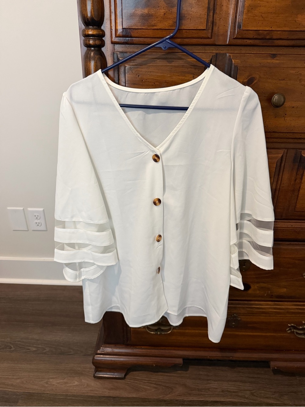 Women’s Cream Button-Front V-Neck Blouse with Sheer Sleeve Detail